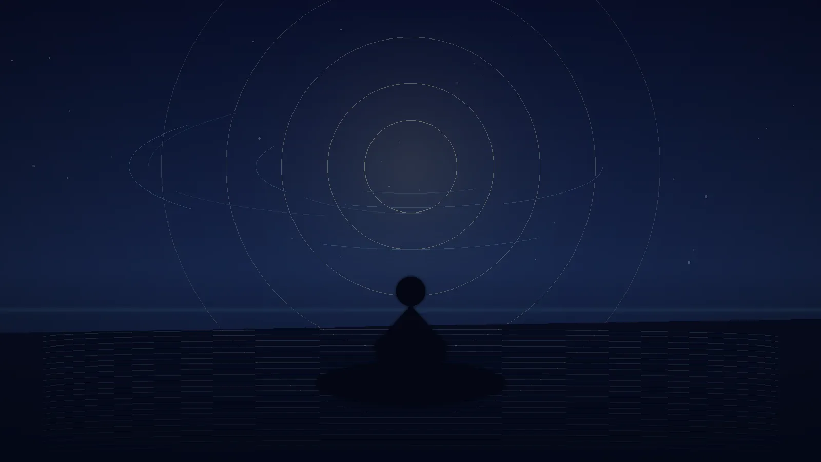 Silhouette méditant face à un horizon bleu nuit traversé de cercles lumineux évoquant l’attention