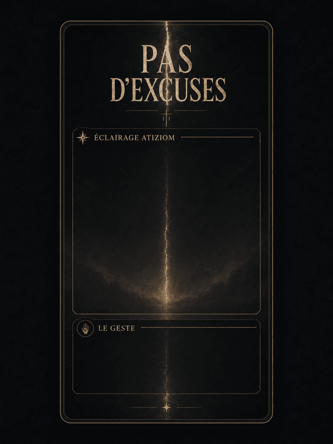 Dos noir et cuivre de l’oracle Pas d’excuses, traversé par une fissure lumineuse